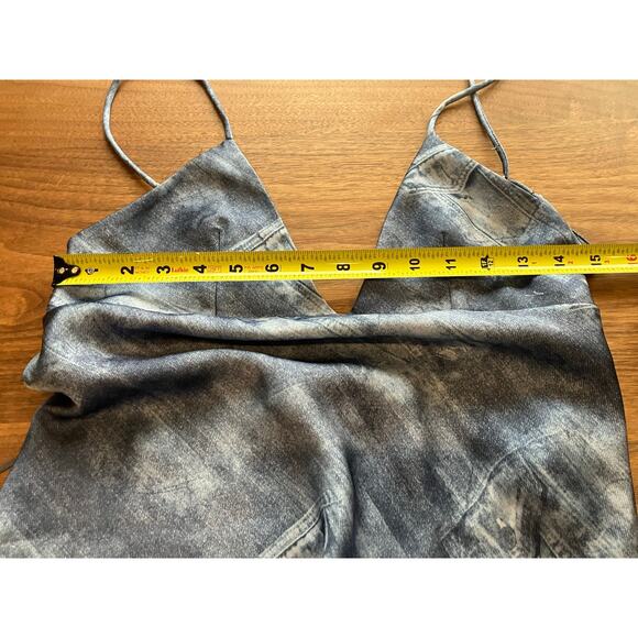 Zara XS Dress Spaghetti Strap Backless Denim-Print Long Satin Lightweight - Picture 6 of 9